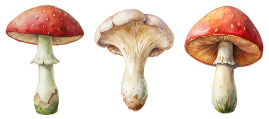 Watercolor mushroom illustrations, botanical art style, vibrant colors, detailed textures, nature-themed decor, educational use.