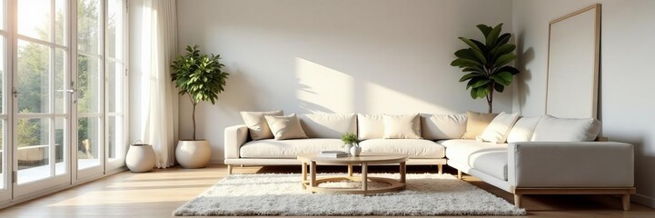 Bright and airy scandinavian living room with minimalist furniture and cozy rug, scandinavian, furniture