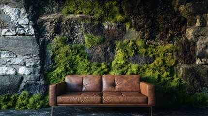 Fototapeta premium Rustic Haven Unfolds with Plush Leather Sofa Against Mossy Stone Wall in Serene Atmosphere