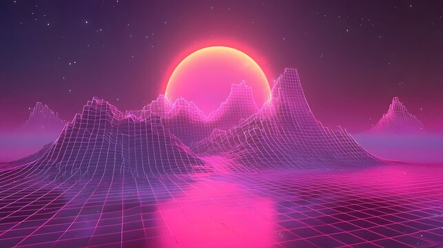 Futuristic Digital Finance Holographic Grid and Landscape at Sunset