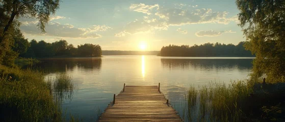 Poster Serene lake landscape reflecting golden sunset light on tranquil water with wooden pier and lush green trees creating a peaceful nature scene