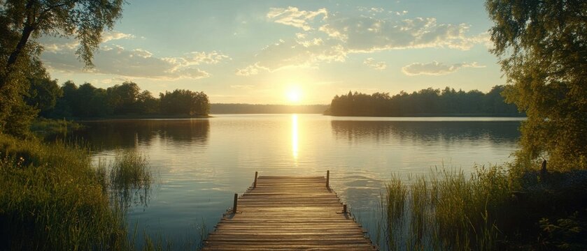 Serene lake landscape reflecting golden sunset light on tranquil water with wooden pier and lush green trees creating a peaceful nature scene