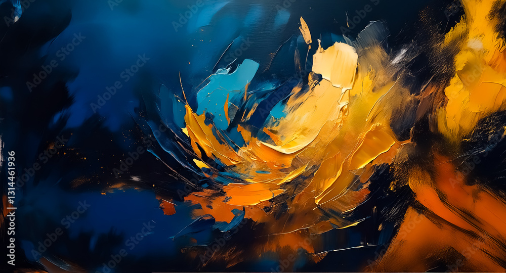 Aufkleber expressive abstract painting with dynamic brushstrokes in bold blue, yellow, and orange hues, creati