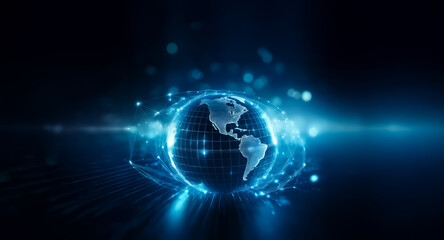 Obraz premium Glowing blue globe with light streaks and bokeh on a dark background. Suggests a futuristic, technological, or connected world.