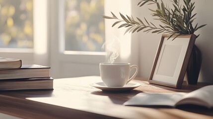 Tranquil Minimalist Home Office Scene with Coffee, Books, and Natural Light from Window