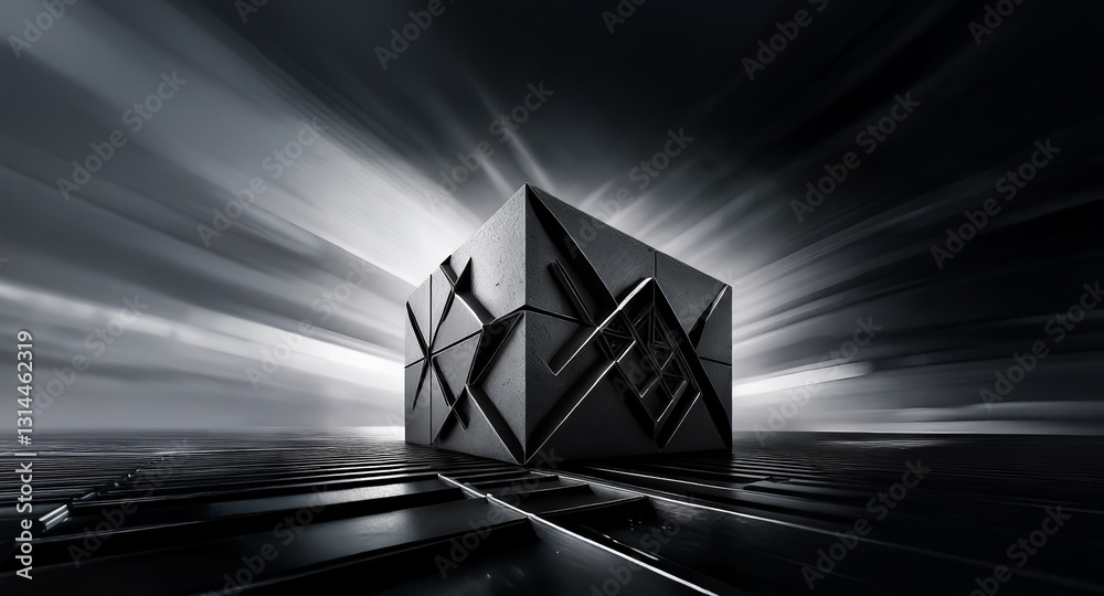 Poster a stark geometric cube with sharp lines and a reflective surface is set against a dynamic, blurred, 