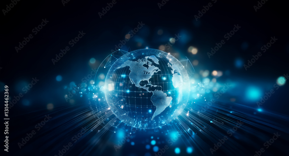 Aufkleber a digital globe with glowing blue lights radiates energy in a dark, bokeh-filled space, representing