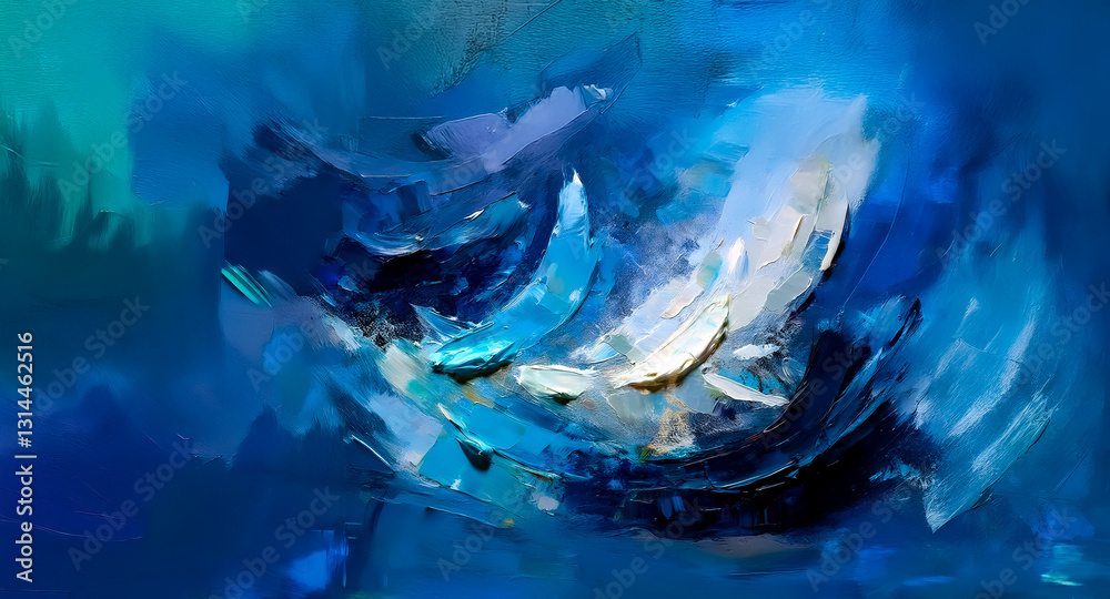 Poster abstract brushstrokes in shades of blue and white create a dynamic, fluid composition. the painting 