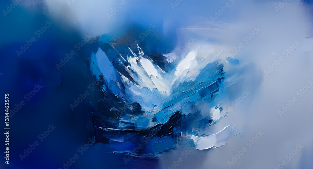 Poster abstract painting featuring dynamic brushstrokes and blended shades of blue and white. the artwork e