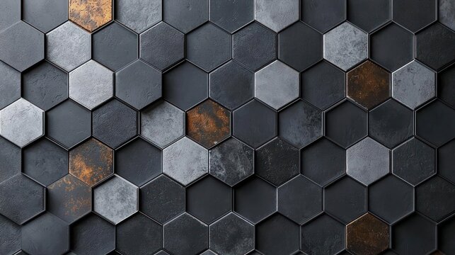 Hexagonal Geometric Patterned Wall Texture with Metallic Bronze Grey Black Tiles