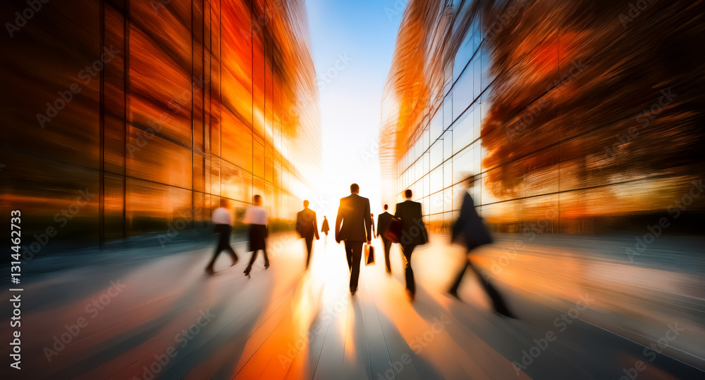 Fototapete silhouetted figures walk toward a bright light between tall buildings with a motion blur effect. war