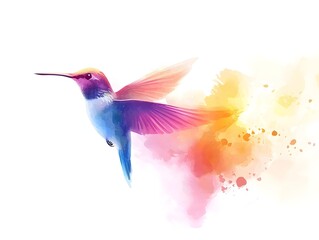 Obraz premium Vibrant Hummingbird in Iridescent Motion Against White Backdrop