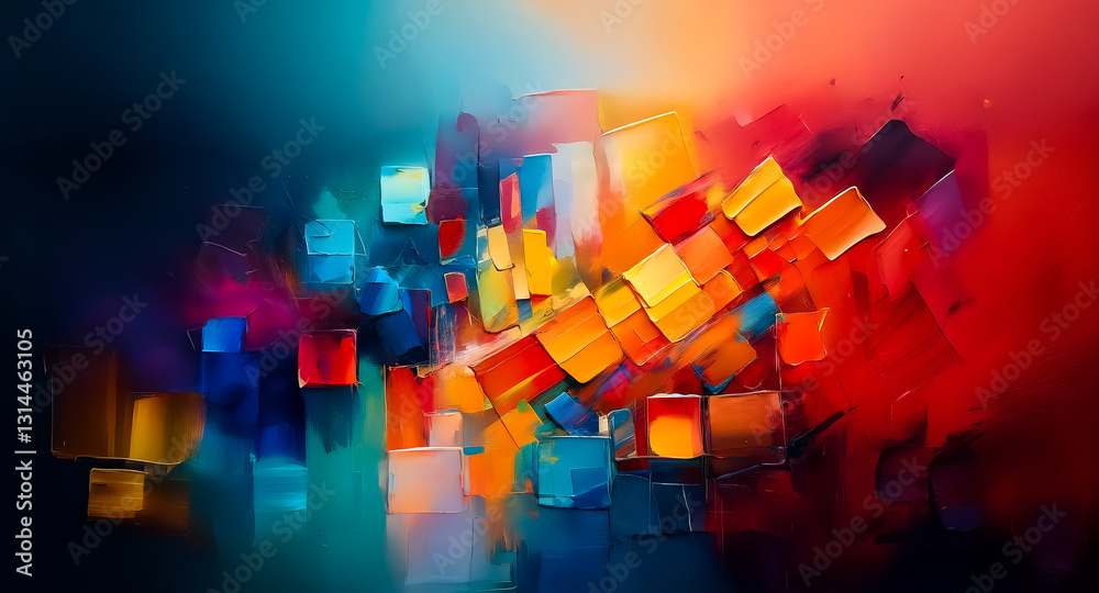 Aufkleber abstract artwork featuring a dynamic arrangement of colorful cubes in vibrant shades of red, orange,