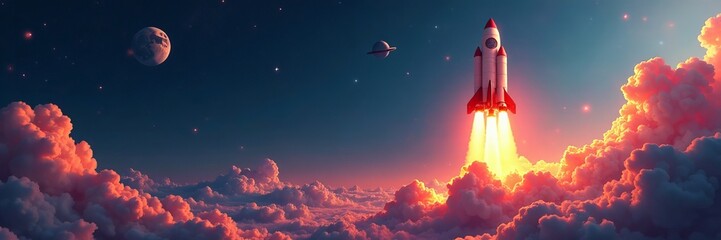 Retro space tourism advertisement with rocket launching from Earth, advertisement, futuristic, space travel