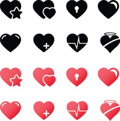 Collection of Love Heart Symbol Icons. Love Illustration Set with Solid and Outline Vector Hearts. Lock, star, shining, angel, halo sillhouettes