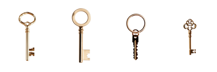 A smooth finish and shiny appearance characterize the Gold Key Round Head, which is isolated on a transparent background in png