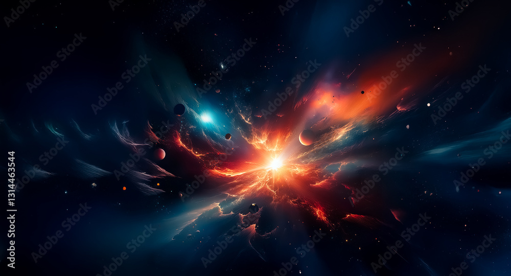 Poster a stunning cosmic explosion illuminates the deep space, with bright orange and blue nebula clouds sw