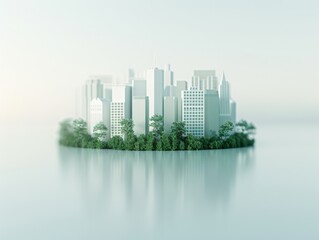 Fototapeta premium A serene urban landscape featuring towering buildings surrounded by lush greenery, reflecting tranquility and modern design.