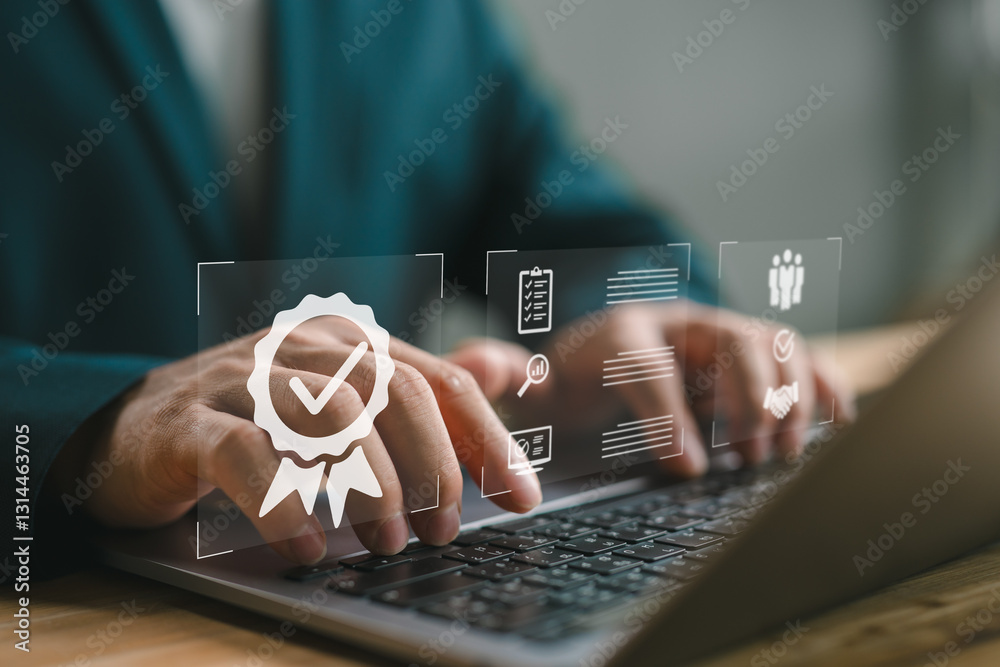 Poster ISO certification and quality assurance, Businessman working with computer and tablet, symbolizing compliance, Standards, Top service for product quality management. Businesses and companies.
