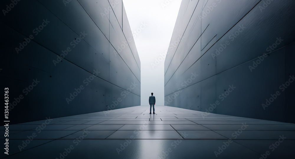 Poster A solitary person stands in a long, narrow corridor enclosed by towering concrete walls. Bright light at the end contrasts with the dark foreground, creating a sense of journey and mystery.