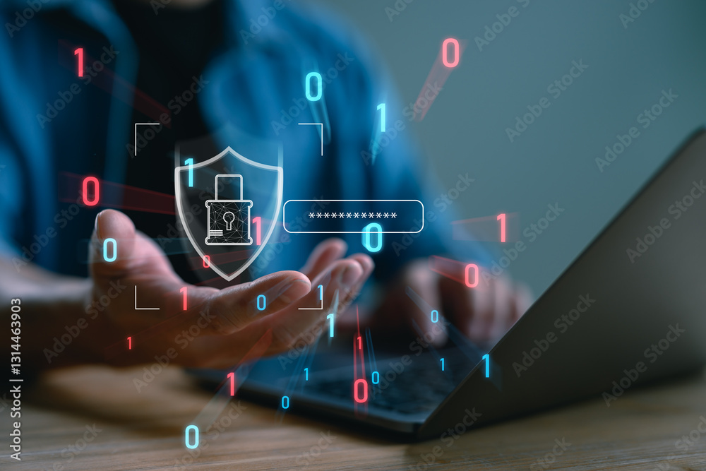 Poster cybersecurity concept. hand showing glowing padlock and password symbols on laptop, cybersecurity, d