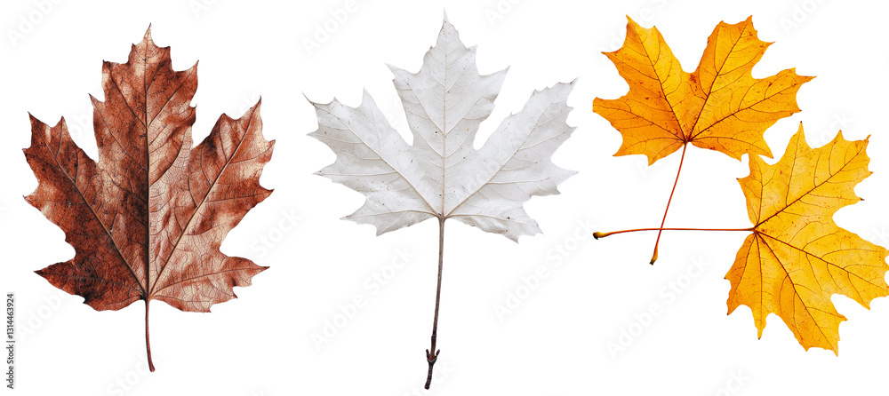 Poster Autumnal colors and intricate veins are visible in the detailed texture of a dry Maple Leaf, which is isolated on a transparent background as a png