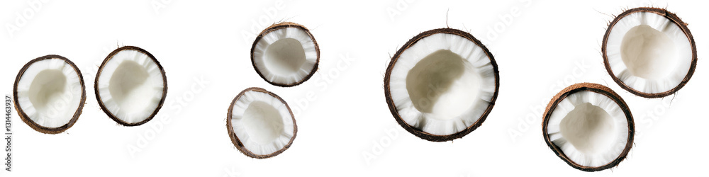 Aufkleber half open, this coconut exposes its inner white flesh and outer brown shell, captured as a png with 