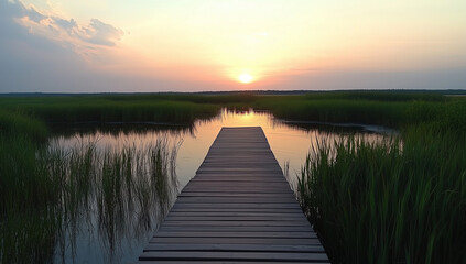 Naklejka premium boardwalk at a coastal marsh sunset tranquility, ease of access, and a strong bond between visitors and surrounding natural environment, including marsh grasses and aquatic life