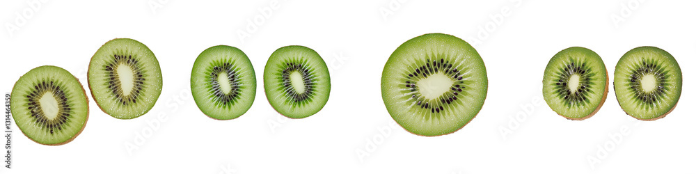 Poster a detailed close-up of a kiwi fruit showcases its green flesh and small black seeds, with the fruit 