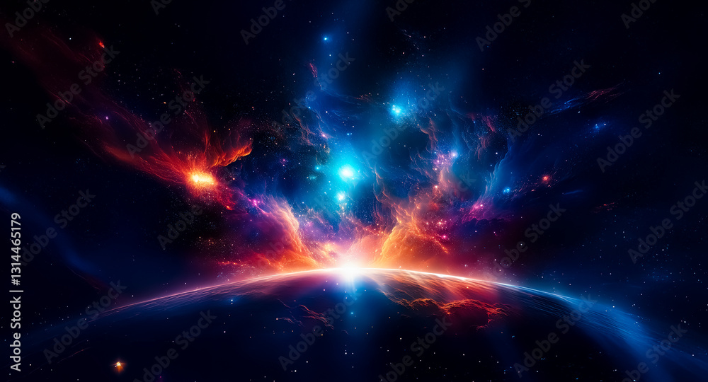 Poster Vibrant cosmic explosion of colors illuminates the darkness. A nebula swirls with bright lights, creating a celestial display in space.