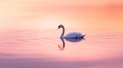 Fototapeta premium graceful swan gliding on pastel pink lake at sunrise