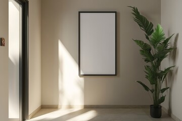 Mock up. Vertical poster media template frame hanging on the wall inside elevator lift