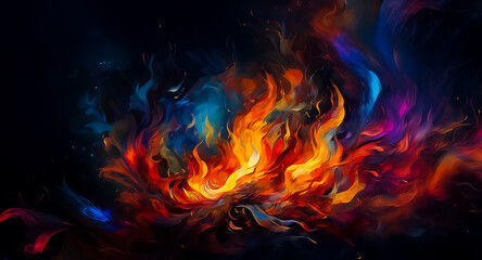 Fototapeta premium Vibrant flames dance against the dark backdrop in a burst of fiery hues. An abstract display of energy and warmth through colorful artistic strokes.
