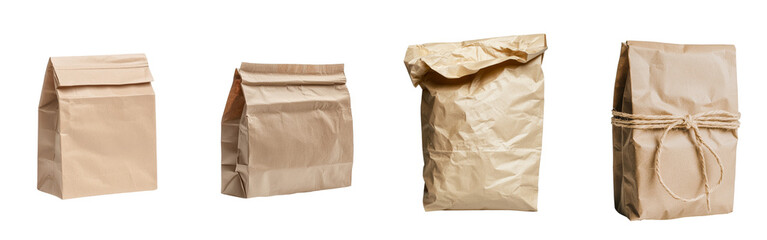 This png image features a brown paper bag with a folded top, standing upright and isolated on a transparent background, great for carrying groceries or larger lunch items