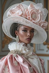 close-up of a model wearing an exquisite vintage-inspired outfit with a large, intricately designed hat and a high-collared blouse embellished. The ensemble showcasing a luxurious and sophisticated st