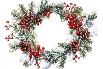 Watercolor Christmas Wreath with Pine Branches Cones and Red Berries Festive Holiday Decoration Artistic Style Isolated on White Background for Seasonal Greetings
