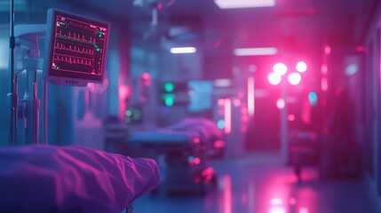 Hospital operating room at night, dimmed lights