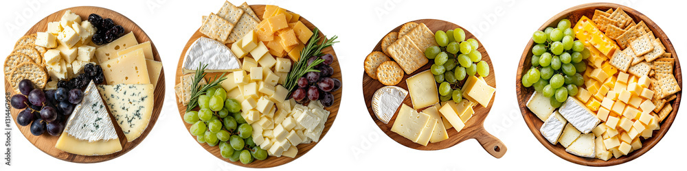 Poster cheese and crackers platter comprising various types of cheese, crackers, and fresh grapes, isolated