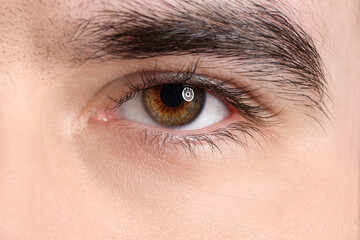 Obraz premium Young man with beautiful lashes and hazel eyes. Closeup