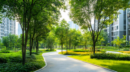 Obraz premium Green City Park With Lush Trees And Paved Path During Sunny Morning Ideal For Relaxation And Leisure Activities