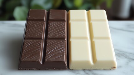 Delicious chocolate bars, dark and white, displayed beautifully on a marble surface.