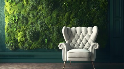 Fototapeta premium Elegant Plush Armchair Positioned Against Lush Green Wall in Stylish Interior Setting