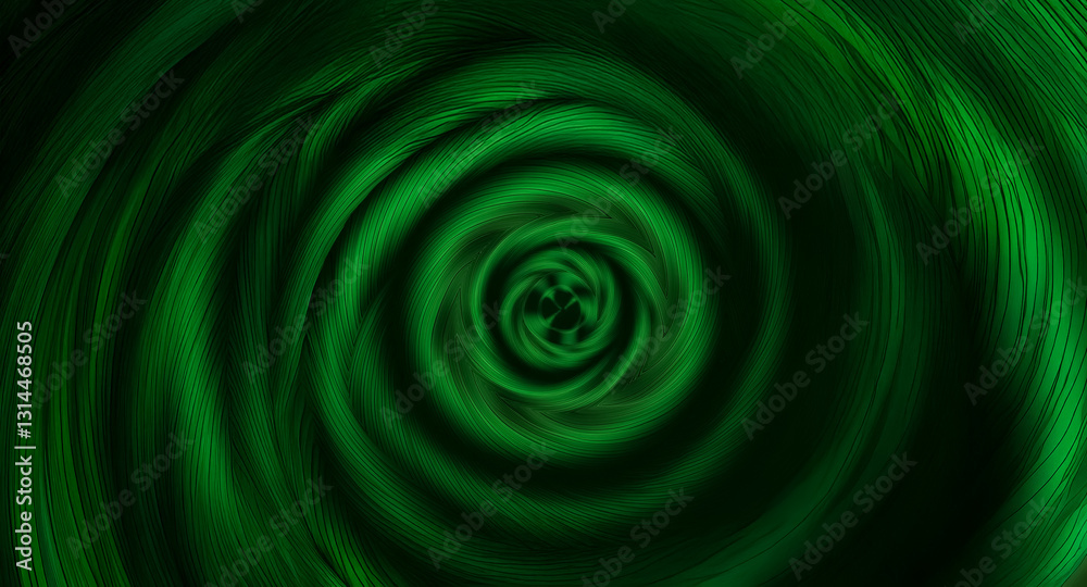 Poster Abstract green vortex with swirling motion on a dark backdrop. Hypnotic circular design, creating depth and texture, flowing and dynamic movement.