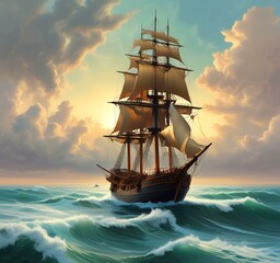 Fototapeta premium Illustration of medieval ship in ocean.