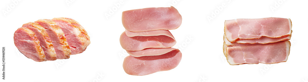 Poster sliced ham is stacked to reveal its layers of pink meat, ready for use in making sandwiches or arran