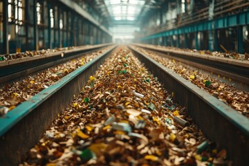 Obraz premium Abandoned Factory Floor with Debris and Litter on Railway Tracks