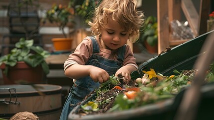 Young child learning about composting in an interactive environmental workshop