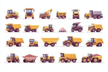 Collection of Yellow Construction Vehicles in a Flat Design Style
