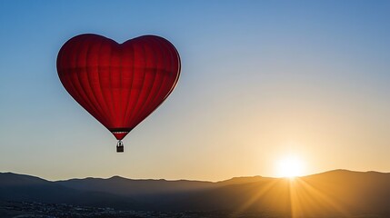 Fototapeta premium Heart-shaped balloon sunrise flight, mountains, romance