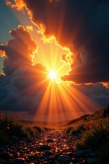 Intense sunburst with dramatic light leaks, creating a vibrant scene , color, texture, intense